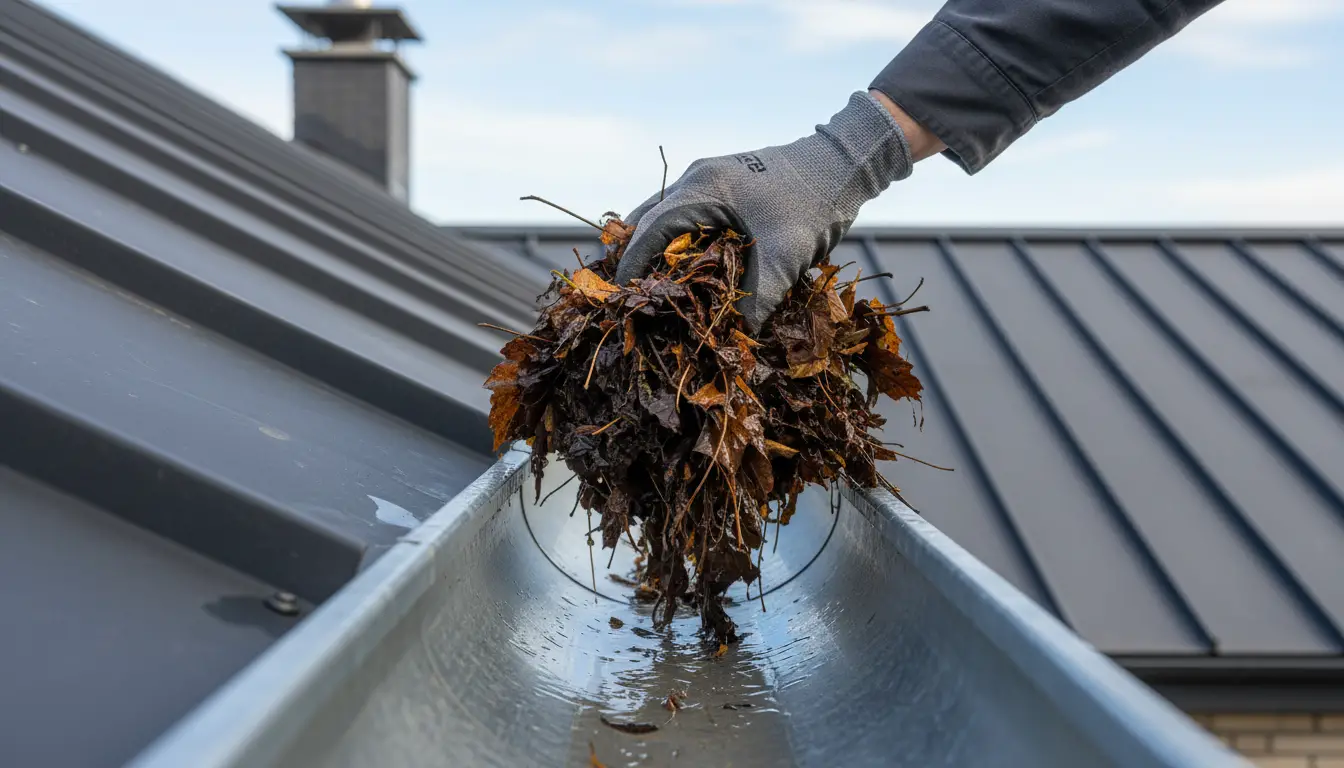 Nettoyage d'une gouttière remplie de feuilles mortes par un expert à Barsac.