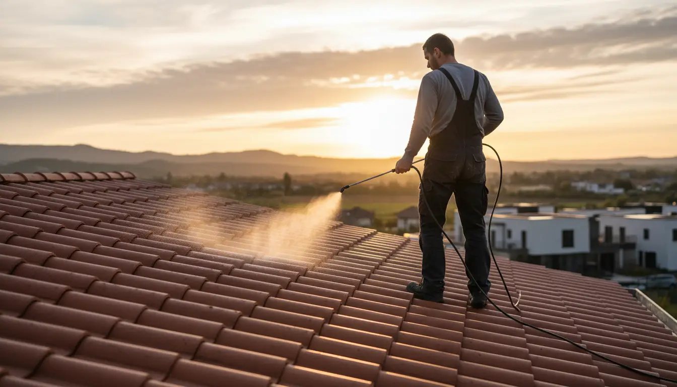 Application d'un produit de traitement professionnel sur une toiture