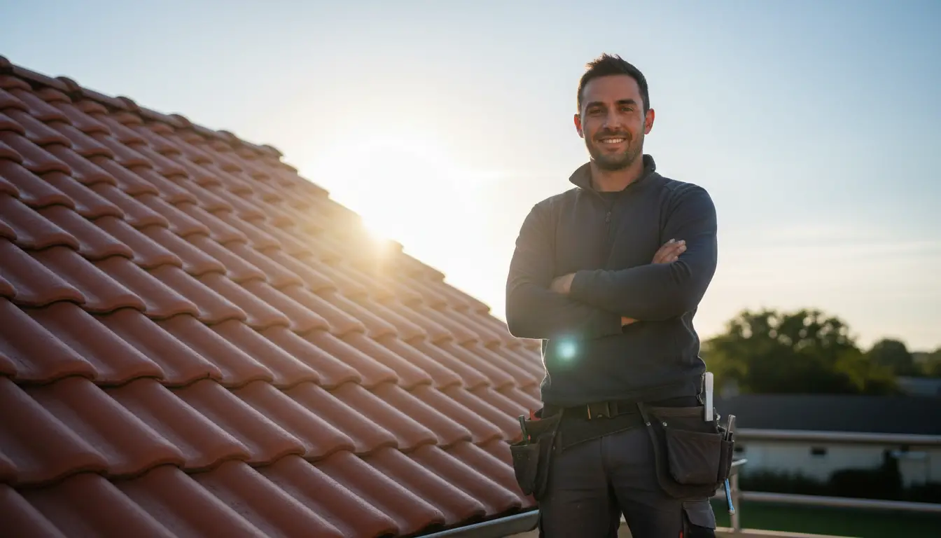 Artisan couvreur souriant de Nettoyage Toiture Bègles devant un toit rénové