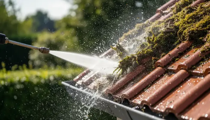 Démoussage basse pression d'une toiture en tuiles en Gironde